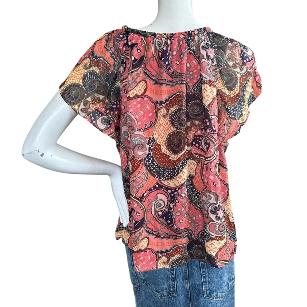 A.L.C. “June” Orange & Pink Paisley Floral 100% Silk Short Flutter Sleeve Top 10 - Picture 7 of 10